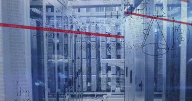 Sunucu odasında veri işleme resmi. Küresel iş ve dijital arayüz kavramı, dijital olarak oluşturulmuş görüntü.