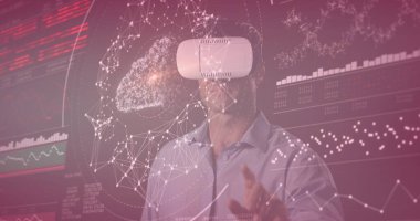 Image of data processing over caucasian man with vr headset. global technology and digital interface concept, digitally generated image. clipart