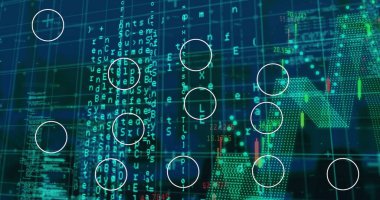 Soyut arkaplan üzerinde simge akış şeması, çoklu grafikler ve bilgisayar dili resmi. Dijital olarak üretilmiş, hologram, illüstrasyon, rapor, iş dünyası, kodlama ve teknoloji kavramı.