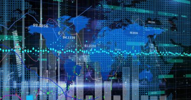 Resim, çeşitli veri noktaları, bir grafik ve renkli arkaplan istatistiklerine sahip bir mavi dünya haritasına sahiptir. Görüntü, küresel finans ve istatistik kavramını gösteren dijital olarak oluşturulmuş bir görüntüdür..