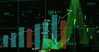 Siyah arka planda finansal veri işleme resmi. Küresel finansman, bilgisayar ve dijital arayüz kavramı, dijital olarak oluşturulmuş resim.