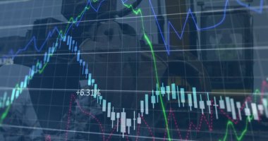 Hurdalıktaki makineler üzerinden finansal verilerin ve grafiklerin resmi. Ekonomi, finans, geri dönüşüm ve atık kullanımı kavramı, dijital olarak üretilen görüntü.