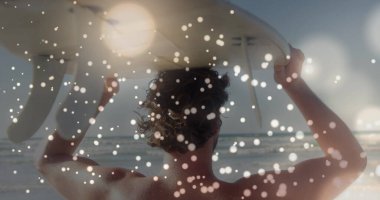 Kafkasyalı sörfçünün plajdaki görüntüsü. Aktif yaşam tarzı, spor, rahatlama ve deniz konsepti, dijital olarak oluşturulmuş görüntü.