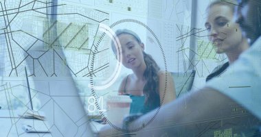 Ofisteki çeşitli iş adamlarının veri işleme görüntüsü. Küresel iş ve dijital arayüz kavramı, dijital olarak oluşturulmuş görüntü.