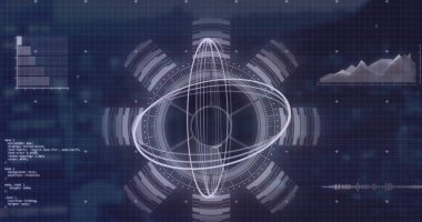 Arc reaktöründeki dairelerin, grafiklerin ve bilgisayar dilinin soyut arkaplan üzerindeki görüntüsü. Dijital olarak üretilen hologram, illüstrasyon, rapor, iş dünyası, kodlama, programlama dili ve teknoloji.