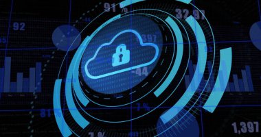 İstatistiksel veri işleme karşı yuvarlak tarayıcıda güvenlik kilidi ve bulut simgesi görüntüsü. Siber güvenlik ve iş veri teknolojisi kavramı