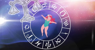 Kozmosun üzerinde dönen zodyak çarkının üzerindeki terazi resmi. Zodiac, astroloji, inanç ve yıldız falı kavramı dijital olarak oluşturuldu,
