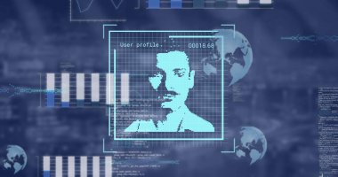 Veri işleme görüntüsü ve bulanık arkaplan üzerine simgeler. küresel iş ve dijital arayüz kavramı, dijital olarak oluşturulmuş görüntü.