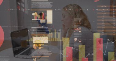 Dükkandaki raflarda istatistik ve veri işleme resimleri. Mali ekonomi temassız ödemeler ve teknoloji konsepti, dijital olarak üretilen imaj.