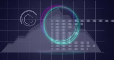 Monokromatik istiflenmiş alan grafiği ve ortada bir çember grafiği ve kare çizgisi var. resim donanma arkaplanı üzerinde hareket eden neon halkalar içerir..