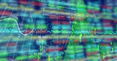 Siyah arka planda finansal veri işleme resmi. Küresel iş, finans ve dijital arayüz kavramı, dijital olarak oluşturulmuş görüntü.