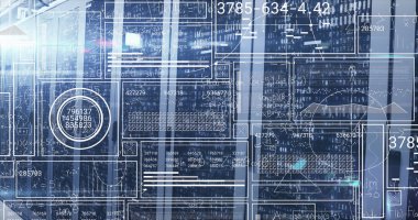 Sunucu odasında veri işleme resmi. Küresel iş ve dijital arayüz kavramı, dijital olarak oluşturulmuş görüntü.