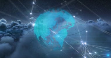Gökyüzü ve bulutlar üzerindeki dünya ile bağlantı ağının görüntüsü. Küresel teknoloji, bilgisayar ve dijital arayüz kavramı, dijital olarak oluşturulmuş resim.
