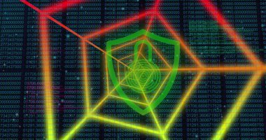 Bu resim siyah bir arkaplan üzerinde hareket eden soyut şekilleri gösterir. Şekiller küresel ağ oluşturma ve çevrimiçi güvenlik kavramlarını temsil ediyor. Resim mavi arkaplan üzerinde veri işleme ile dijital olarak oluşturulmuş bir asma kilit görüntüsü içerir.