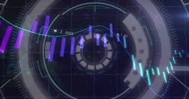 Kapsam ve siyah arkaplan üzerinden finansal veri işleme görüntüsü. Küresel iş, finans, hesaplama ve veri işleme kavramı, dijital olarak oluşturulmuş resim.