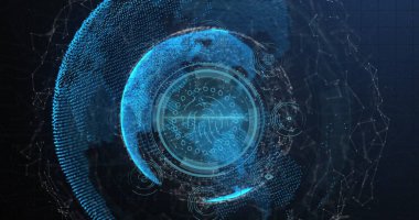 Veri koruma metni ve parmak izi tarayıcısının dünya ve bağlantı ağı üzerindeki resmi. Siber güvenlik ve iş teknolojisi kavramı