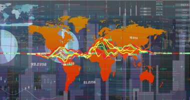 Şehir manzarasının hava görüntüsüne karşı dünya haritasında istatistiksel veri işleme görüntüsü. Küresel ağ ve iş veri teknolojisi kavramı