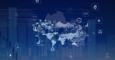 Mavi arkaplanda kullanıcı simgeleri, veri işleme, dünya haritası ve finansal grafiklerin resmi. Küresel iş, finans, ekonomi ve teknoloji kavramı, dijital olarak üretilen imaj.