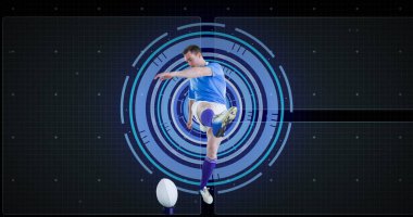 Kafkasyalı ragbi oyuncusunun tarama ve veri işleme görüntüsü. Küresel spor, rekabet ve veri işleme kavramı, dijital olarak oluşturulmuş görüntü.