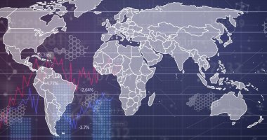 Görüntü, veri işleme ve teknoloji kavramına sahip küresel bir bilgisayar ağını gösteriyor. İkonalar ve veri işleme ile dijital arayüzün görüntüsü, finans sektörü borsa büyümesi kavramını gösteriyor.