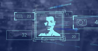 Veri işleme görüntüsü ve bulanık arkaplan üzerine simgeler. küresel iş ve dijital arayüz kavramı, dijital olarak oluşturulmuş görüntü.