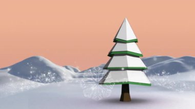 Karla kaplı tepeler, geometrik Noel ağacı, kış manzarasının animasyonu. tatil, şenlik, illüstrasyon, mevsimlik, karlı, dingin