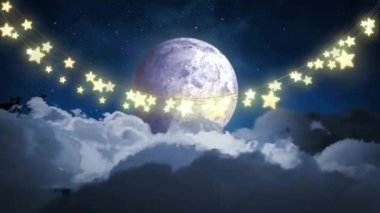 Bulutların üstünde Noel süsleri, kızakta ay ve Noel Baba. Noel, kutlama ve dijital arayüz kavramı dijital olarak oluşturulmuş video.