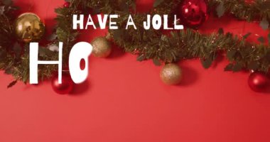Kırmızı arka planda Noel süslemeleri üzerine neşeli bir yazı animasyonu olsun. Kutlama, neşeli, neşeli, neşeli, mevsimlik, neşeli