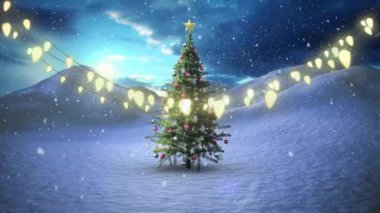 Kış manzarasında noel ışıklarının ve noel ağacının animasyonu. Noel, şenlik, kutlama ve gelenek konsepti dijital olarak oluşturuldu.