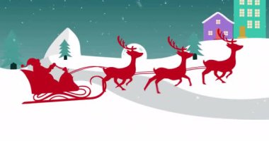 Renkli evleri olan, karlı köyün üzerinde ren geyiği animasyonuyla kızaklı Noel Baba. Noel, tatil, şenlik, Noel Baba, kış