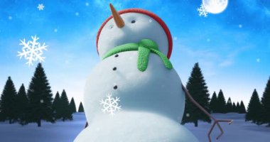 Hareket eden kardan adamın üzerine düşen kar animasyonu. Kış ve dijital arayüz kavramı dijital olarak oluşturulmuş video.