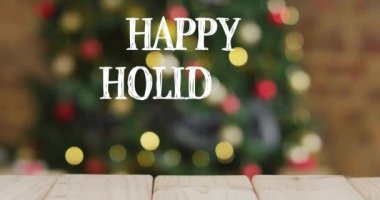 Işıklı bulanık Noel ağacının üzerinde mutlu tatiller mesajı. Kutlama, şenlik, tatil mevsimi, selamlama, kış, neşe