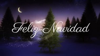 Felix Navidad Tekstil 'in ve kış manzarası arka planında Noel ağacının üzerine yağan karın animasyonu. Noel, şenlik, kutlama ve gelenek konsepti dijital olarak oluşturuldu.