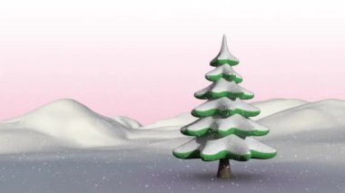 Karla kaplı ağaç animasyonu. Pembe gökyüzü karlı arazide. Kış, manzara, mevsim, doğa, soğuk, huzur