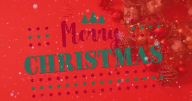 Kırmızı arka planda, kar taneleri ve çam kozalaklarıyla mutlu noel metinleri animasyonu. Tatil, şenlik, kutlama, selam, kış, neşe