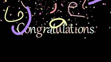 Tebrik mesajı animasyonu ve siyah arka plana konfeti düşmesi. Kutlama, şenlik, başarı, başarı, parti, renkli