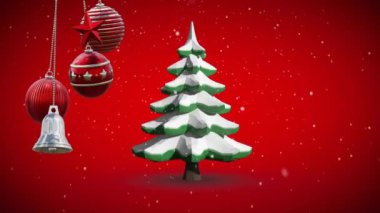 Kar yağışı ve Noel ağacı üzerine yapılan Noel süslerinin animasyonu. Noel, kutlama ve gelenek konsepti dijital olarak oluşturulmuş video.