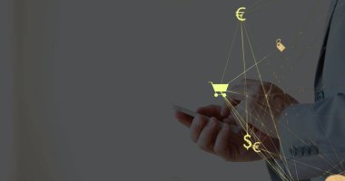 Akıllı telefon kullanan erkeklerin üzerindeki simgelerle olan bağlantı ağının resmi. küresel bağlantılar, iş dünyası, dijital arayüz, teknoloji ve ağ konsepti, dijital olarak oluşturulmuş görüntü.