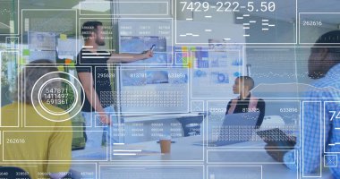 Veri işleme görüntüsü ve çeşitli iş adamları ile ilgili istatistikler. Küresel iş, finans, hesaplama ve veri işleme kavramı, dijital olarak oluşturulmuş resim.