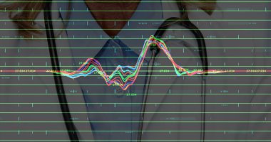 Kafkasyalı iki kadın doktorun mali veri işleme görüntüsü. Küresel tıp, teknoloji, veri işleme ve dijital arayüz kavramı, dijital olarak oluşturulmuş görüntü.