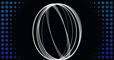 Image of spinning white rings with blue and dots moving hypnotically from a central point in seamless loop on black background. Colour, light and movement concept digitally generated image clipart