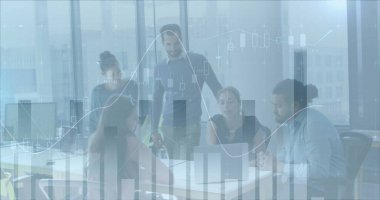 İş adamlarının ofiste tartıştığı istatistiklerin görüntüsü. küresel iş ve veri işleme kavramı, dijital olarak oluşturulmuş görüntü.