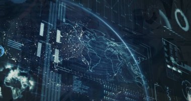Mavi arkaplan üzerindeki simgelerle küresel ve bağlantı ağının görüntüsü. Küresel iş dünyası dijital arayüz teknolojisi ve ağ konsepti, dijital olarak oluşturulmuş görüntü.