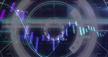 Kapsam ve siyah arkaplan üzerinden finansal veri işleme görüntüsü. Küresel iş, finans, hesaplama ve veri işleme kavramı, dijital olarak oluşturulmuş resim.