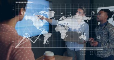 Veri işleme görüntüsü ve çeşitli iş adamları ile ilgili istatistikler. Küresel iş, finans, hesaplama ve veri işleme kavramı, dijital olarak oluşturulmuş resim.