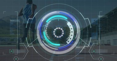 Afro-amerikan erkek koşucunun dijital ekranda çalışan görüntüsü. Spor, engelli ve veri işleme kavramına sahip aktif yaşam tarzı, dijital olarak oluşturulmuş görüntü.