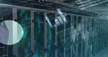 Sunucu odasındaki veri işleme ve şekillerin resmi. küresel teknoloji ve dijital arayüz kavramı, dijital olarak oluşturulmuş görüntü.