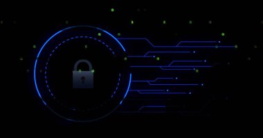 Düşen ikili kodların resmi, siyah arkaplan üzerindeki daireleri yüklerken asma kilit. Dijital olarak oluşturulmuş, hologram, illüstrasyon, bilgisayar dili, koruma, şifrelenmiş ve teknoloji kavramı.