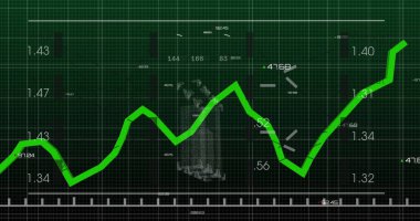 Yeşil arkaplanda veri işleme resmi. Küresel teknoloji, bilgisayar ve dijital arayüz kavramı, dijital olarak oluşturulmuş resim.