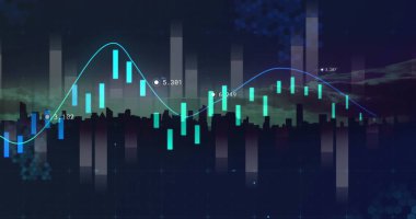 Şehir manzarası üzerinde finansal veri işleme resmi. Küresel iş, finans, hesaplama ve veri işleme kavramı, dijital olarak oluşturulmuş resim.
